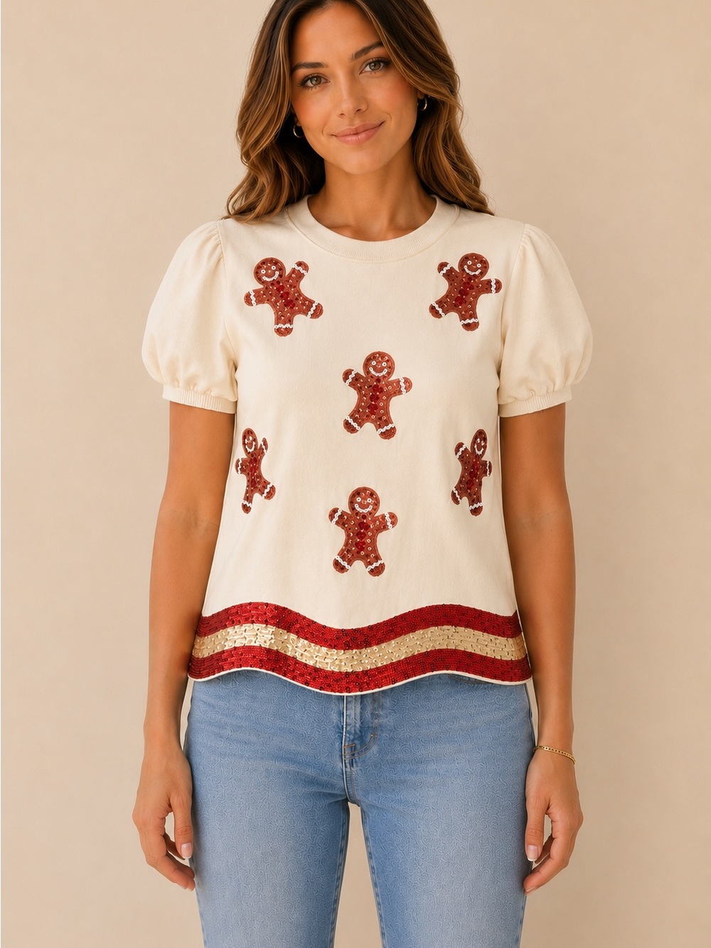 Peach Love California Gingerbread Sequin Puff Sleeve Christmas Top Size Small